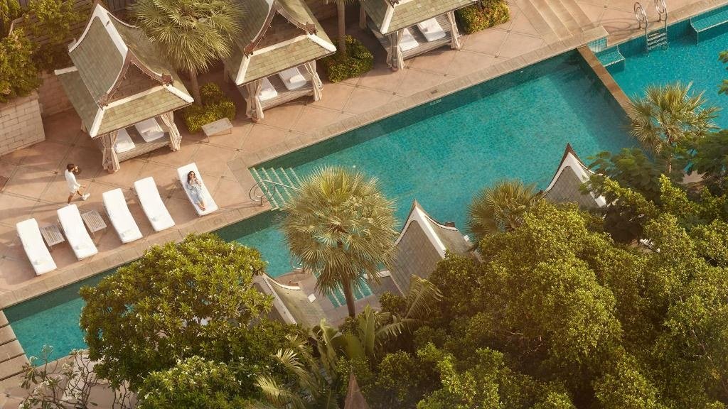 Aerial view of the swimming pool at The Peninsula Bangkok