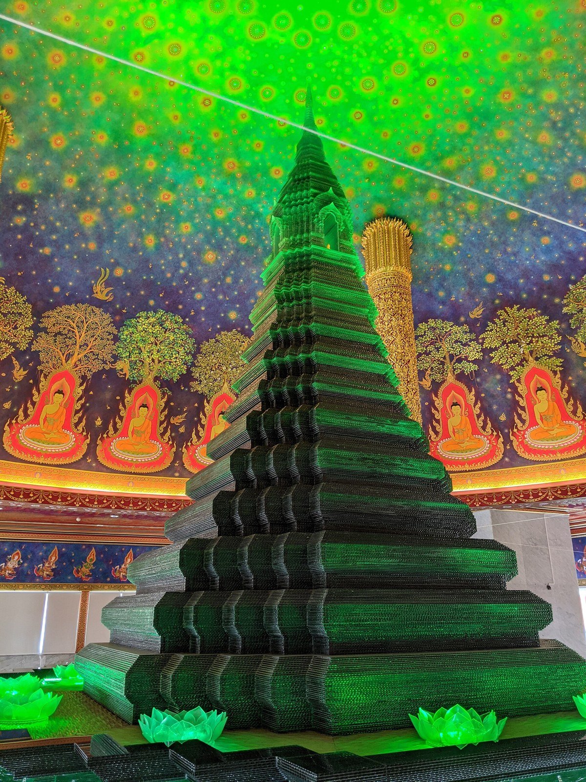 Glass stupa and painted ceiling inside Wat Paknam Phasi Charoen